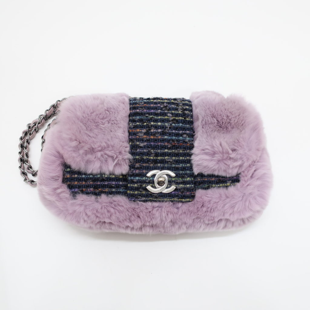 シャネル シングルフラップ ツイード ファー パープル チェーンショルダーバッグ