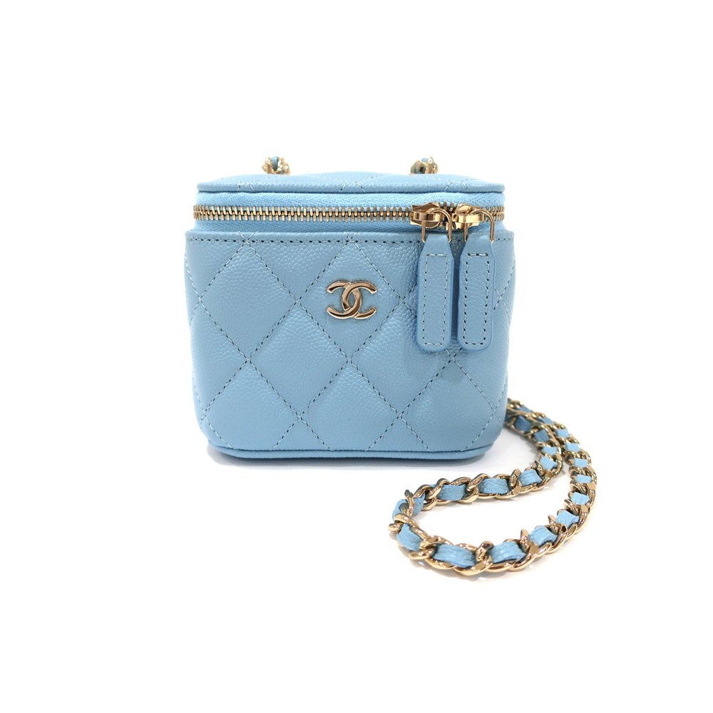 シャネル CHANEL ミニヴァニティ マトラセ AP2158 チェーンショルダー ライトブルー キャビアスキン