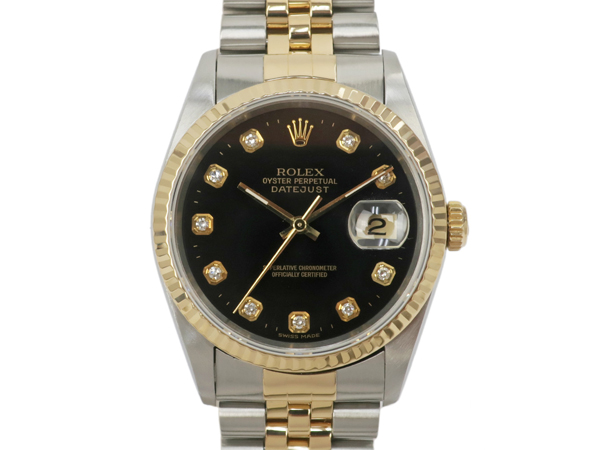 ロレックス デイトジャスト 16233G T番 黒文字盤 SS/YG 10Pダイヤ