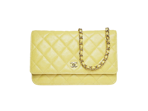 シャネル マトラッセ チェーンウォレット キャビアスキン メタリックイエロー