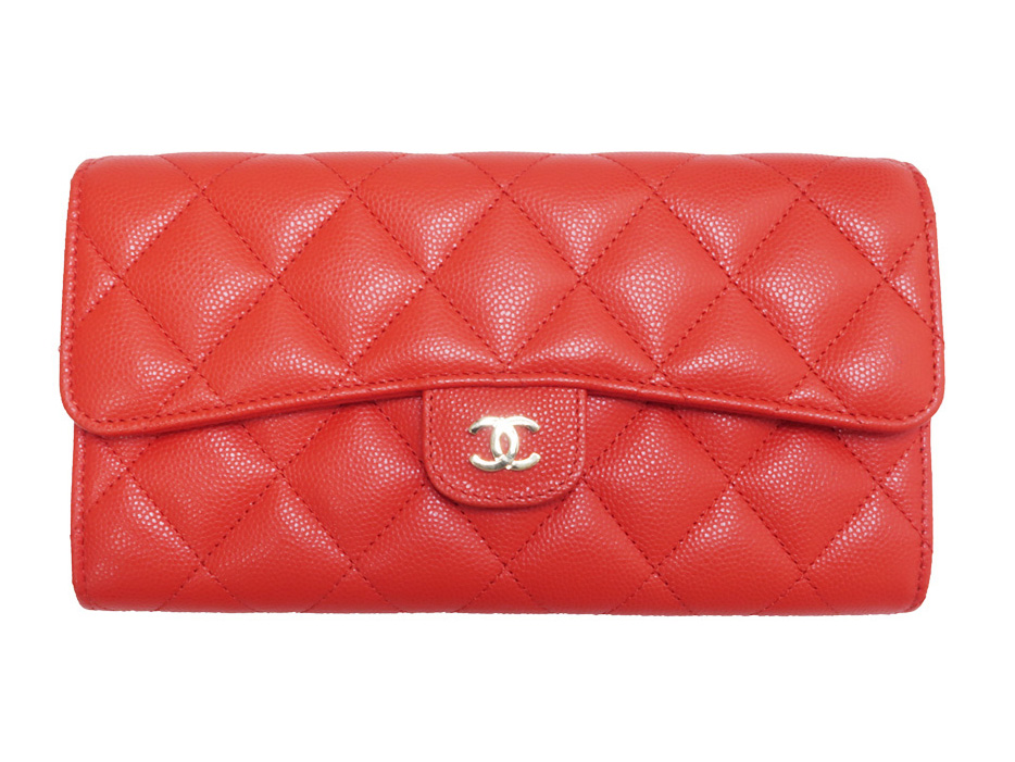 シャネル クラシックロングフラップ ファスナー付長財布 オレンジ系 キャビアスキン A80758