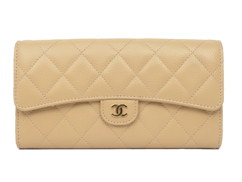 シャネル マトラッセ ファスナー付長財布 A80758 キャビアスキン ベージュ