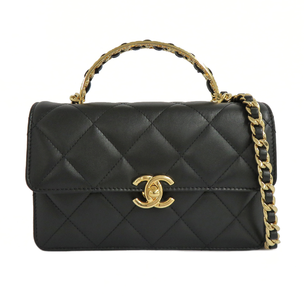 シャネル マトラッセ トップハンドル ミニ フラップ バッグ AS4730 シャイニーカーフスキン ブラック GD金具 ロゴ 新品