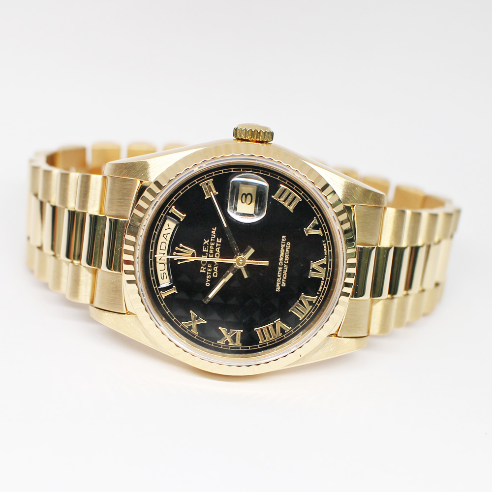 ロレックス デイデイト 18238 E番 ブラック ピラミッド YG 保証書付き