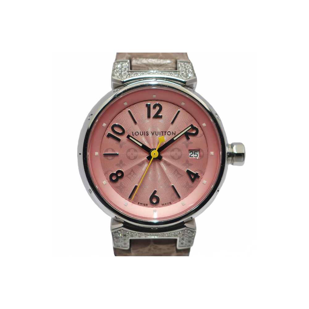 ルイヴィトン LOUIS VUITTON タンブール Q121E ピンク SS レザー ダイヤモンド クォーツ