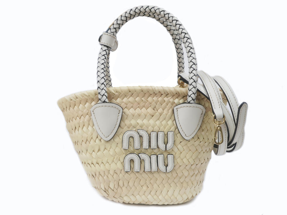 ミュウミュウ ウーブン ファブリック ハンドバッグ 5BA282 ナチュラル×ホワイト