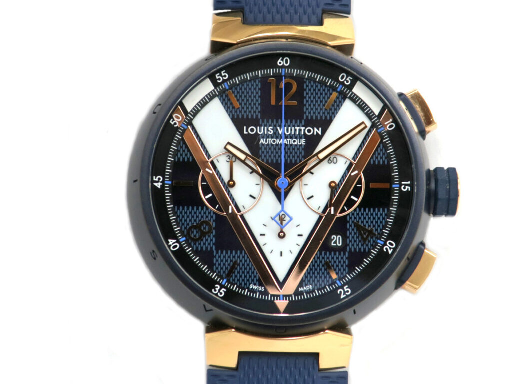 ルイヴィトン タンブール クロノグラフ QA090 ダミエコバルト SS/K18PG ラバーベルト ブルー