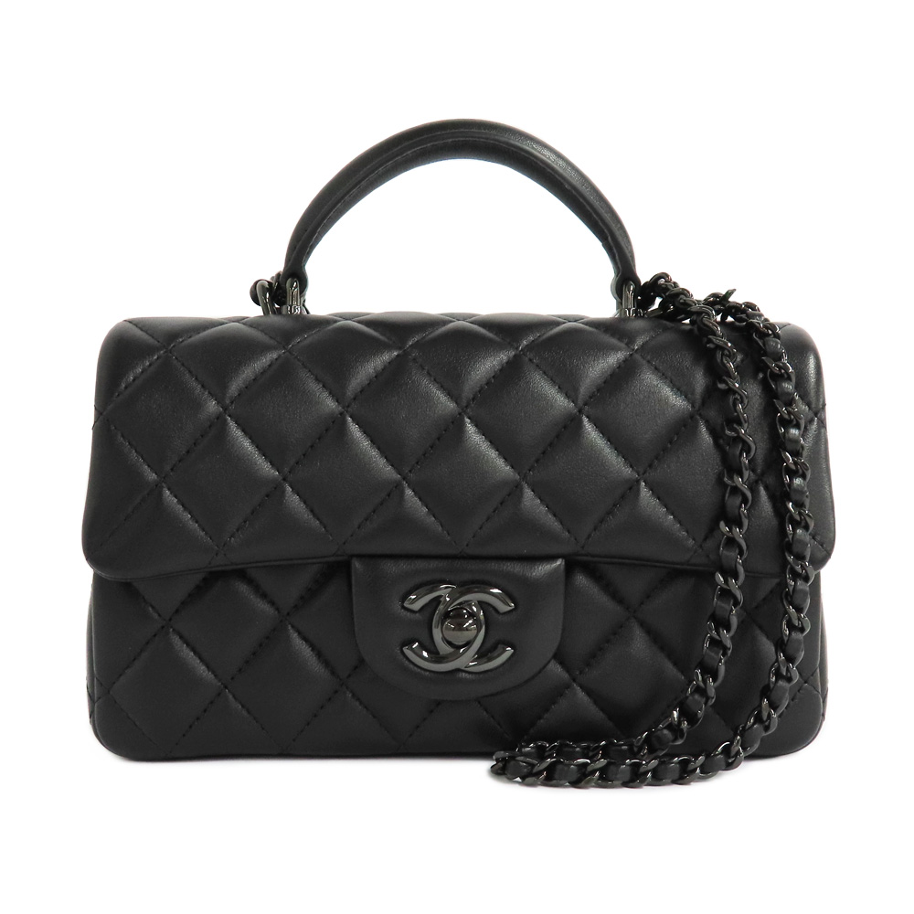 シャネル トップハンドル ミニ フラップバッグ AS2431 ソーブラック クラシック ハンドバッグ ラムスキン 新品同様