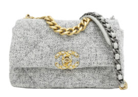 シャネル シャネル19 チェーンショルダーバッグ マトラッセ ツイード グレー AS1160