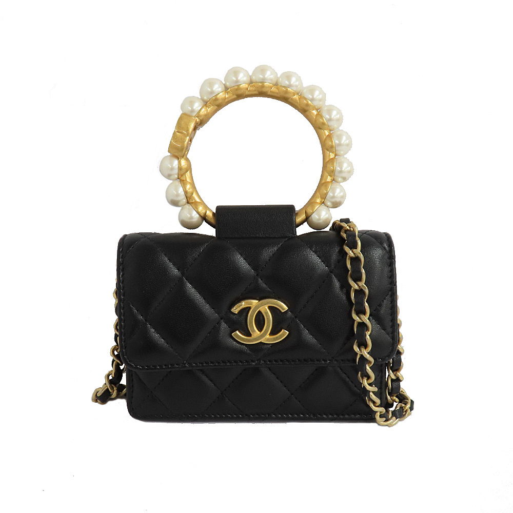シャネル ミニマトラッセ パール トップハンドル チェーンショルダーバッグ ブラック AP2274