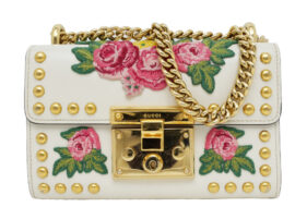 グッチ シルヴィ ショルダーバッグ スタッズ カーフスキン ホワイト  ゴールド金具 フラワー刺繍 432182