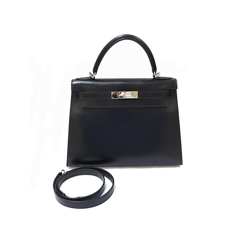 エルメス HERMES ケリー28 ボックスカーフ ブラック 外縫い シルバー金具 □H刻印