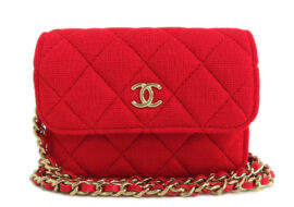 シャネル ミニミニ マトラッセ チェーンショルダーバッグ  コットン レッド ゴールド金具
