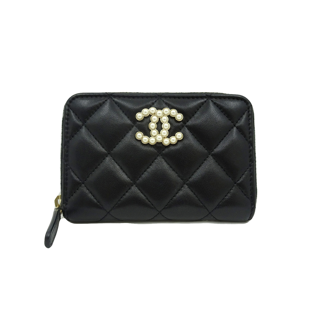 シャネル CHANEL コインケース マトラッセ フェイクパール カードケース ラムスキン ブラック ゴールド金具 AP3811