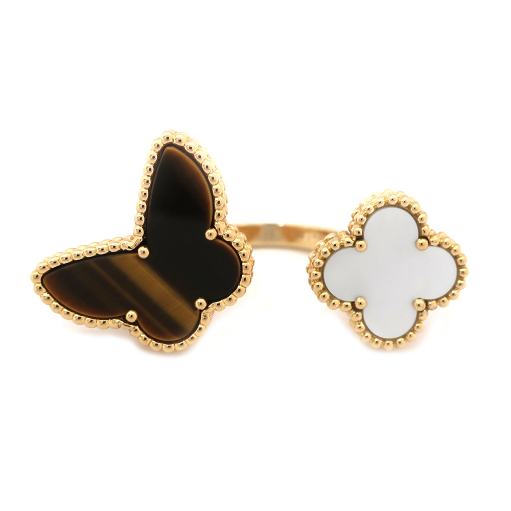 ヴァンクリーフ＆アーペル ラッキーアルハンブラ リング VCARN058 アントレ レ ドア K18YG タイガーズアイ マザーオブパール ＃51