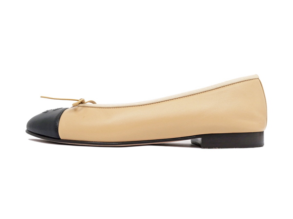 シャネル バレリーナシューズ ベージュ ブラック ココマーク リボン G02819