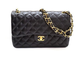 シャネル デカマトラッセ30 ダブルフラップ ダブルチェーンショルダー ブラック ラムスキン ゴールド金具