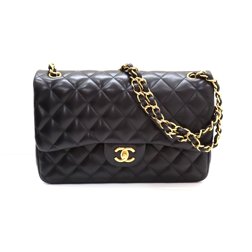 シャネル デカマトラッセ30 ダブルフラップ ダブルチェーンショルダー ブラック ラムスキン ゴールド金具