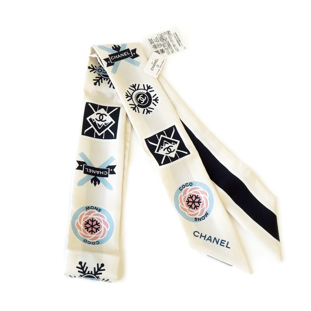 シャネル CHANEL ヘアバンド スカーフ ロゴ シルク100% スカーフ ホワイト ブラック