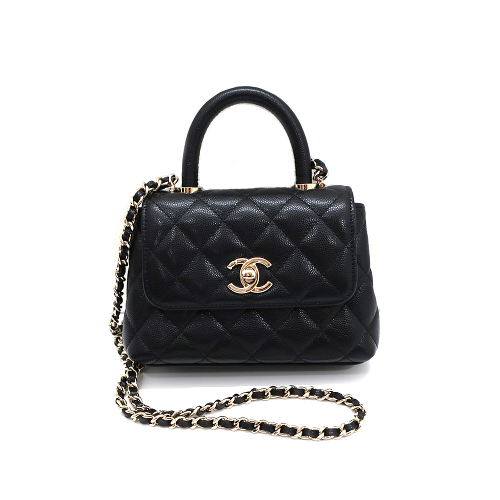 シャネル ココハンドル エクストラミニ ハンドバッグ ショルダー ブラック キャビアスキン AP4244 ゴールド金具 レディース