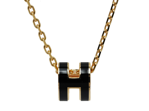 エルメス ポップアッシュ ミニ ネックレス Hペンダント ブラック ピンクゴールドカラー