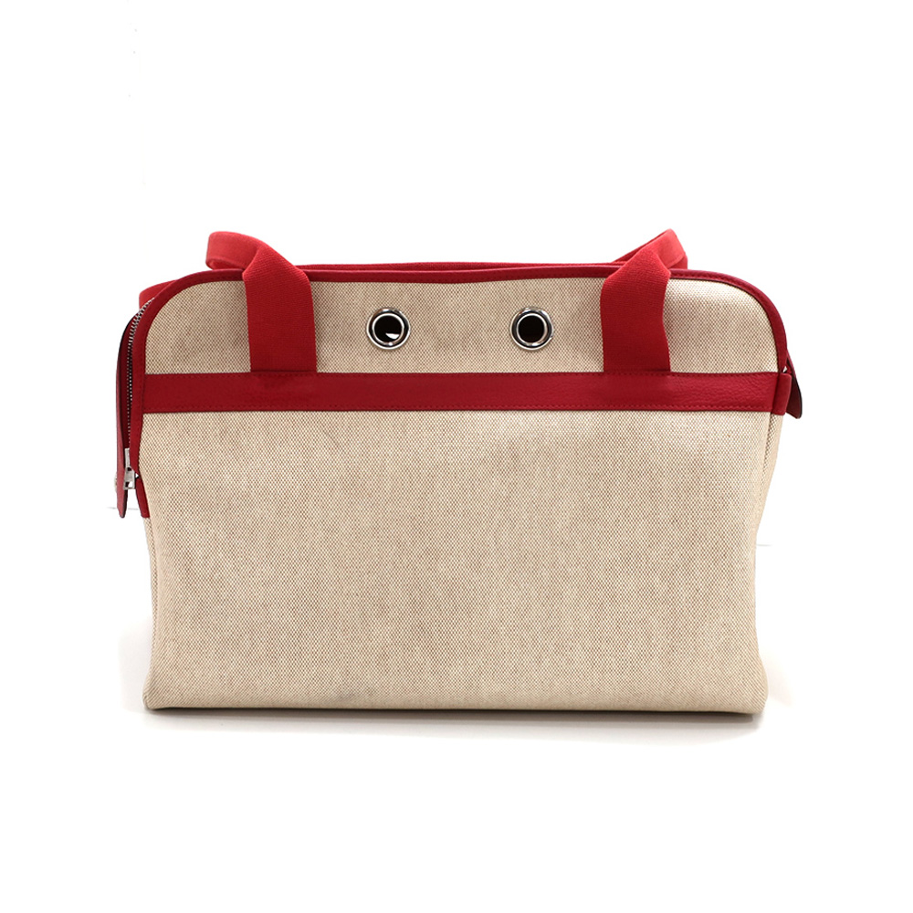 エルメス サックドトランスポール レッド トワル レザー  □F ペットキャリー ボストンバッグ