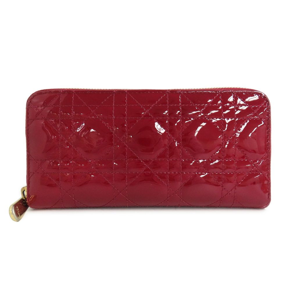 クリスチャンディオール カナージュ ラウンドファスナー長財布 ゴールド金具  パテントレザー