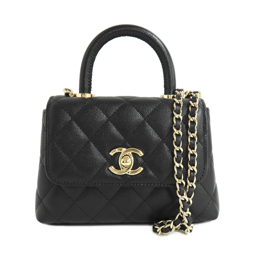 シャネル ココハンドル エクストラミニ AP4244 マトラッセ チェーンショルダーバッグ ブラック キャビアスキン ゴールド金具