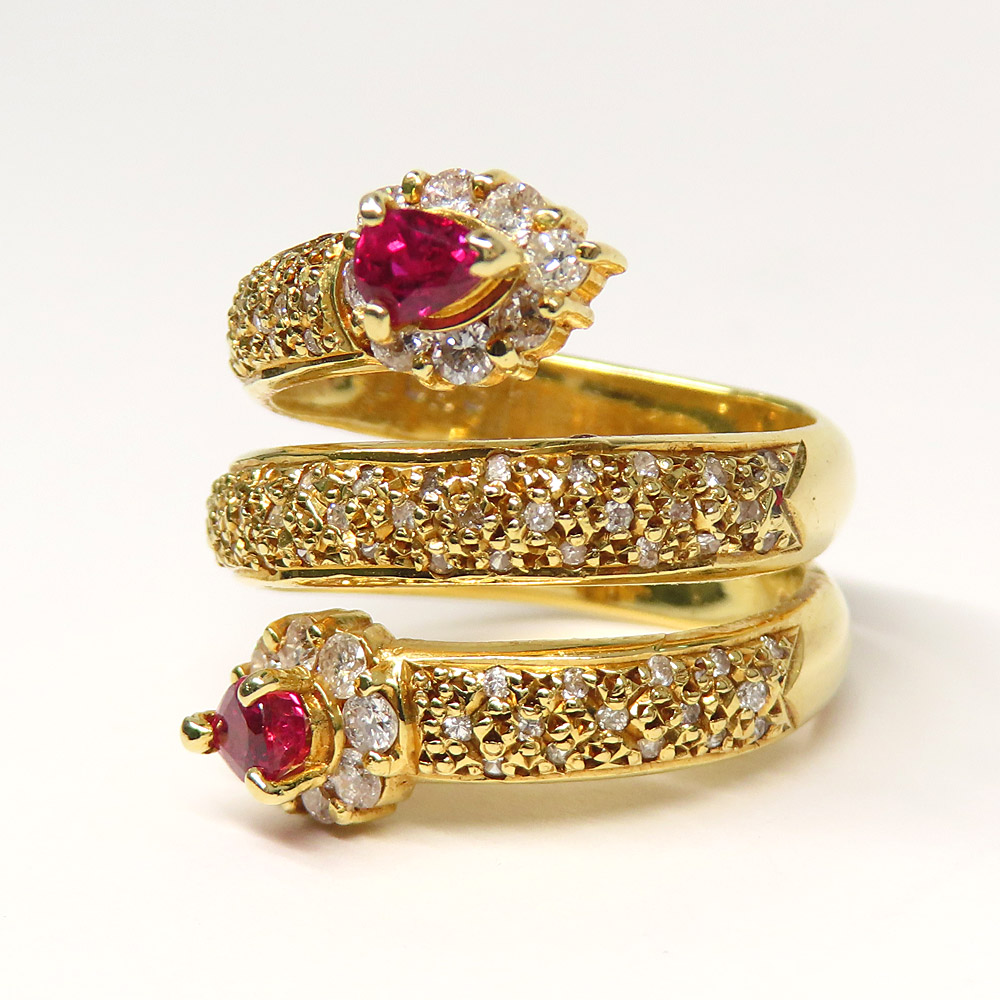 リング ルビー ダイヤモンド スパイラルデザイン ルビー0.61ct ダイヤ0.63ct K18 ゴールド レディース 8.1ｇ