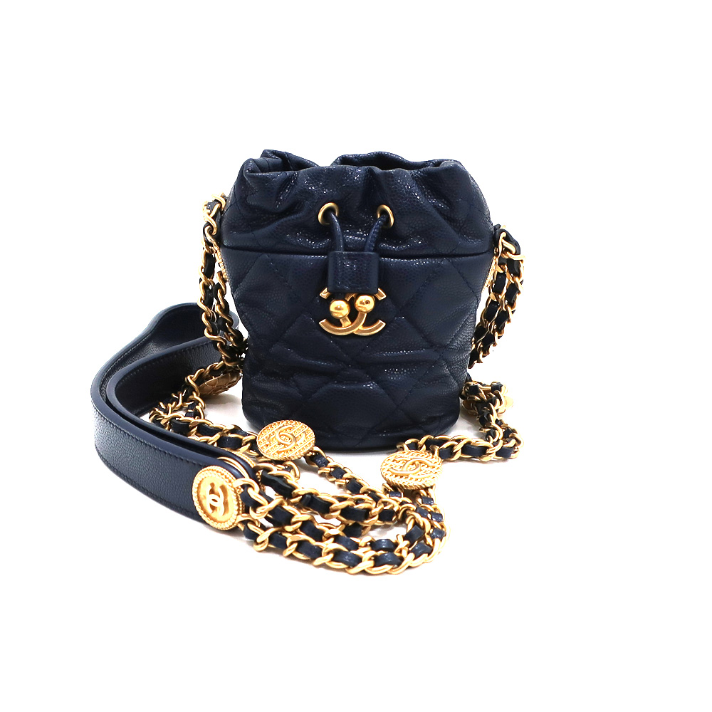 シャネル 巾着 バッグ ミニ ネイビー ゴールド金具 キャビアスキン ショルダーポーチ レディース