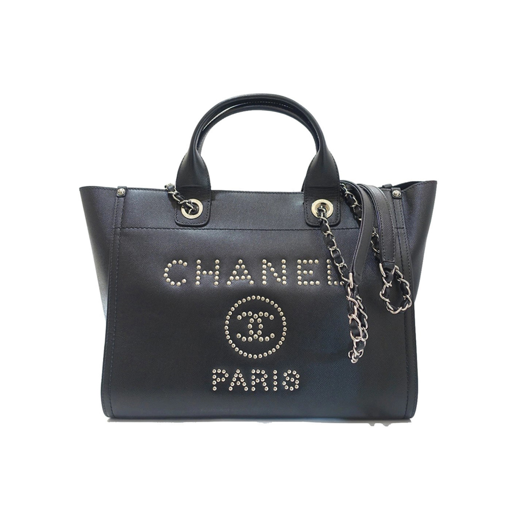 シャネル CHANEL ドーヴィル ロゴ スタッズ トート バッグ ブラック A57069 キャビアスキン