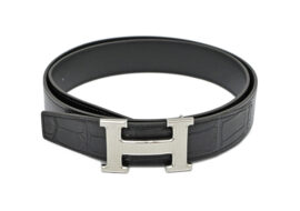 エルメス ベルトバックル Hギヨシェ ブラック シルバー ボックスカーフ アリゲーター B刻印