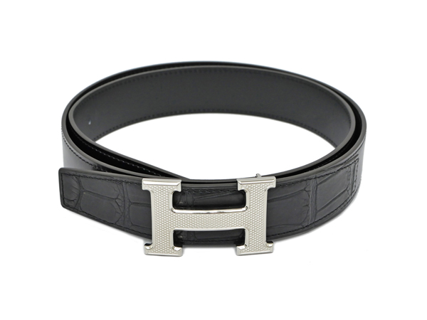 エルメス ベルトバックル Hギヨシェ ブラック シルバー ボックスカーフ アリゲーター B刻印