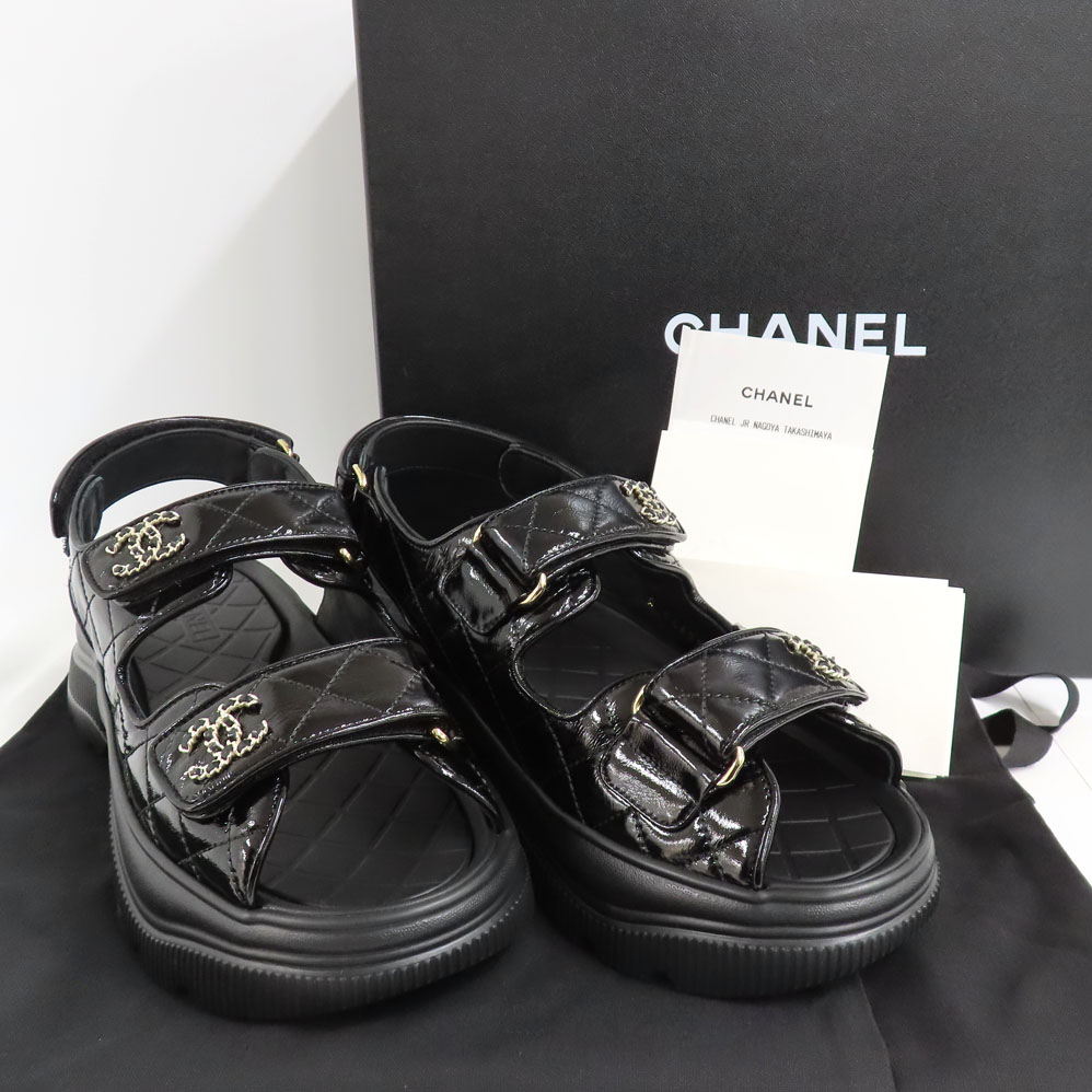 シャネル サンダル G46293 25B ココマーク 37 24.0cm ブラック シャイニーカーフスキン