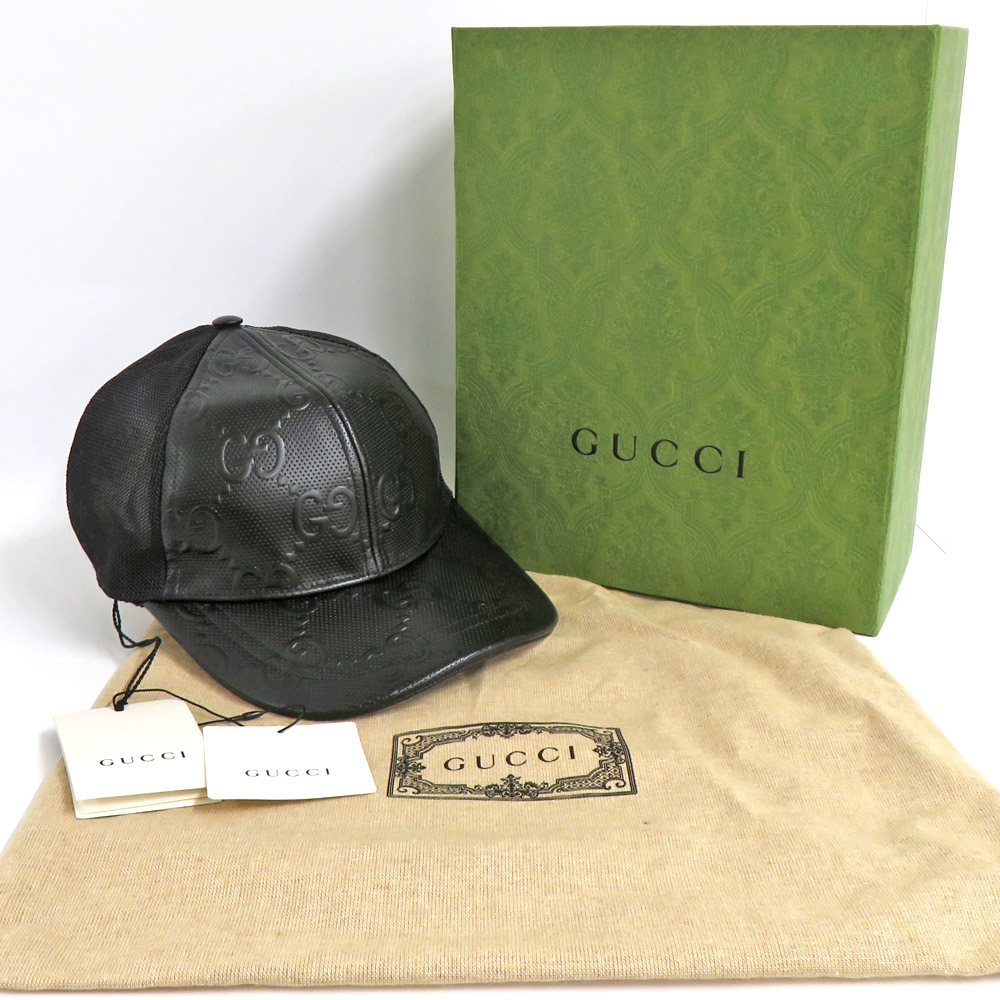 グッチ ベースボールキャップ 627156 GGエンボス レザー メッシュ Mサイズ 58cm ブラック