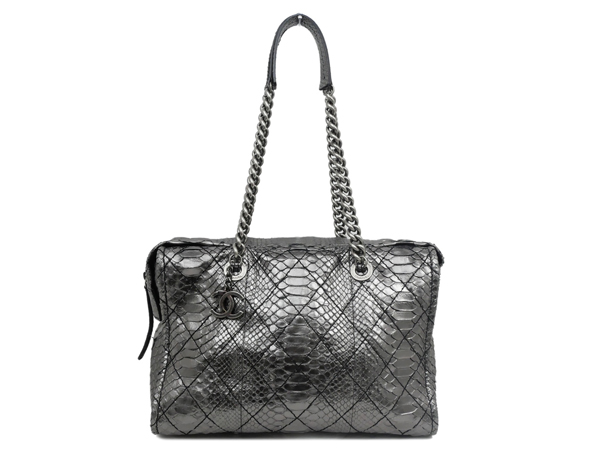 シャネル チェーン ミニ ボストンバッグ パイソン メタリック