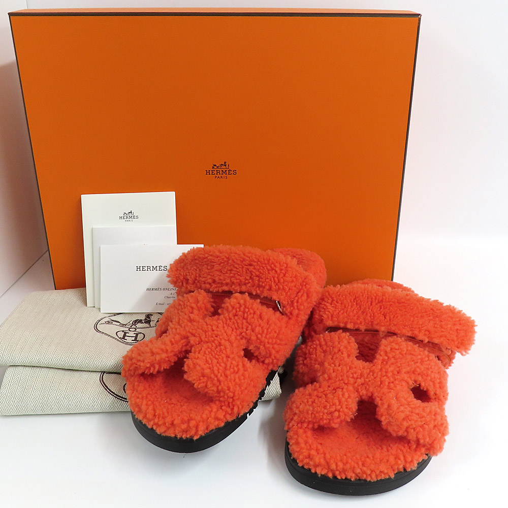 エルメス シプレ ムートン ボア フラットサンダル オレンジ 37.0 レディース