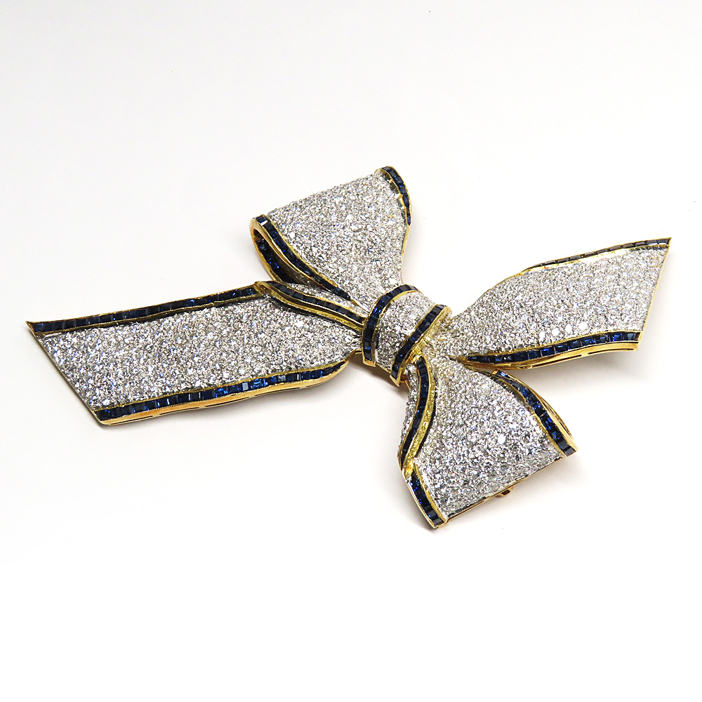 ダイヤモンド サファイヤ リボンモチーフ ブローチ K18 イエローゴールド