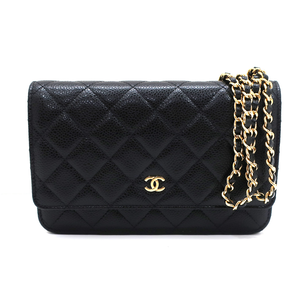 シャネル チェーンウォレット A33814 ブラック キャビアスキン レディース ショルダー ゴールド金具