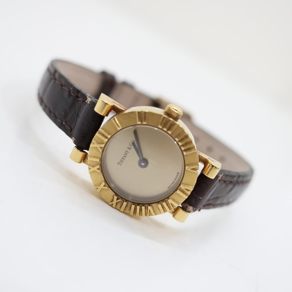 ティファニー アトラス K18 ブラウン レザー ベルト シャンパン文字盤 腕時計 レディース